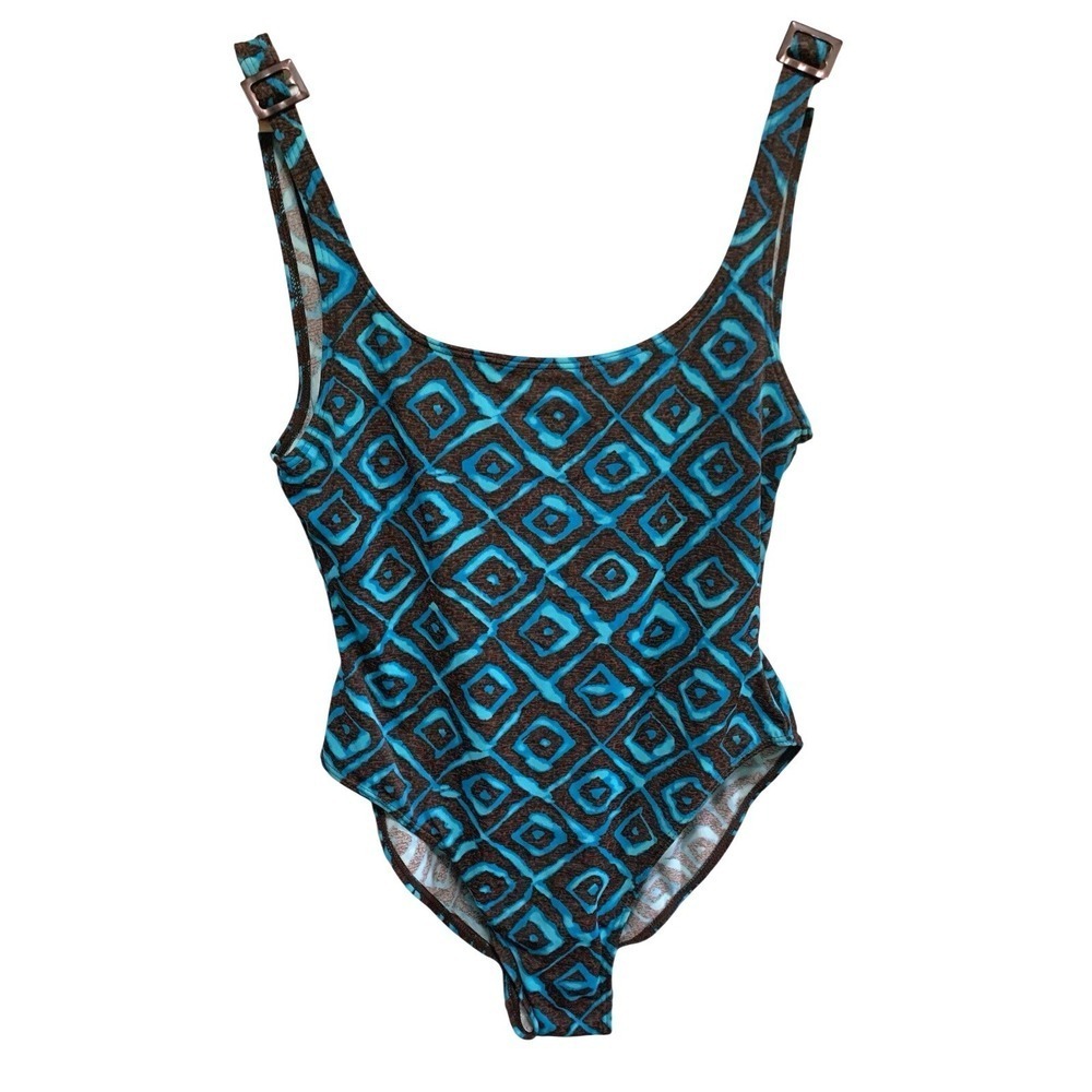 NWT Aqua Couture One Piece Swimsuit Women 11/12 Blue Brown Geometric Vintage